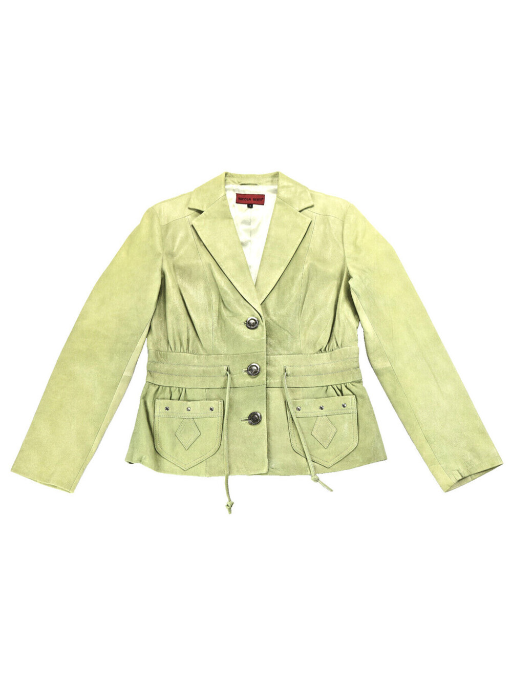 nicola berti leather jacket S lime green italy pleated soft button tie pockets